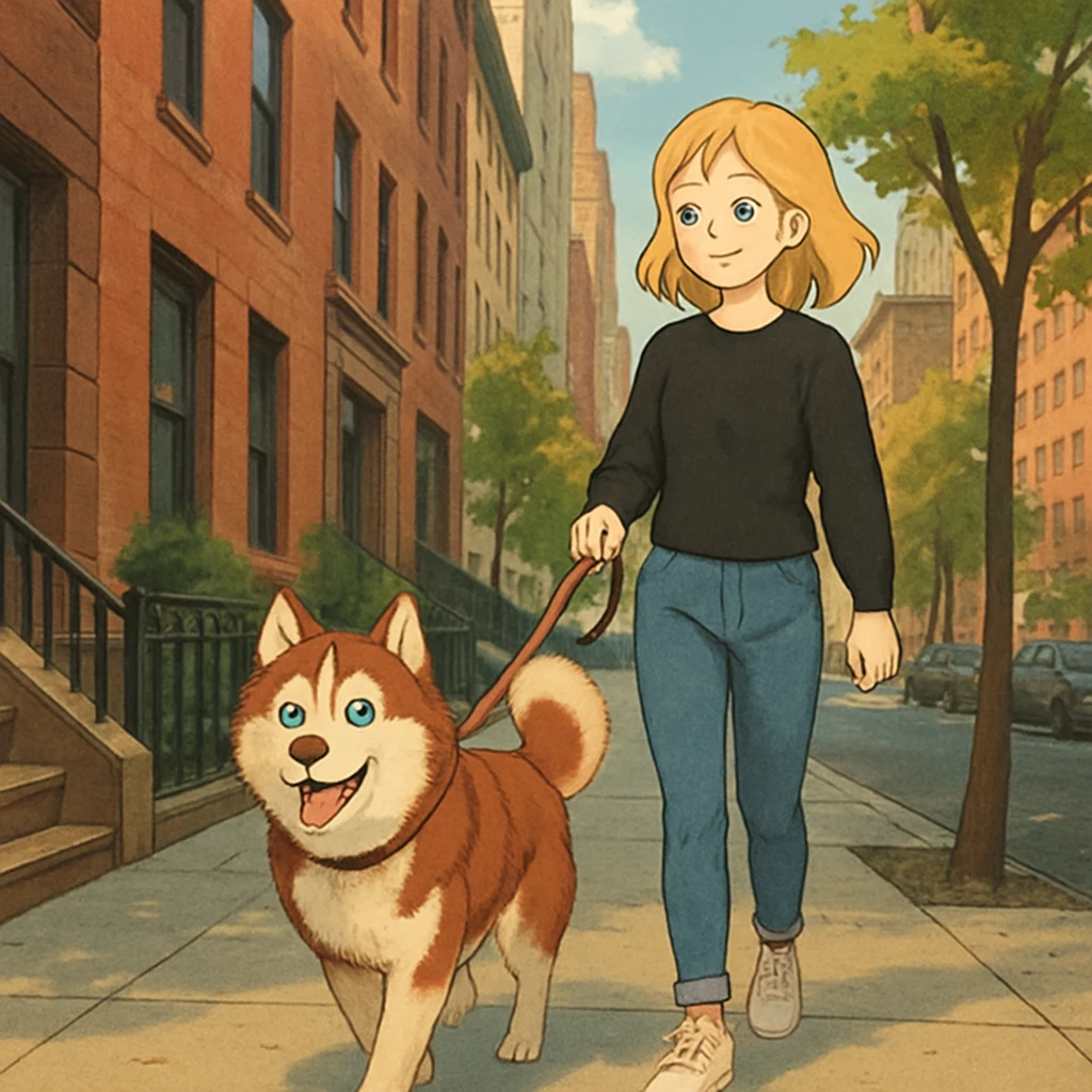 Cute Blonde woman wearing a black sweater and jeans and white sneakers walking a happy red-brown blue-eyed Siberian husky in New York City on an upper east side city sidewalk  emoji