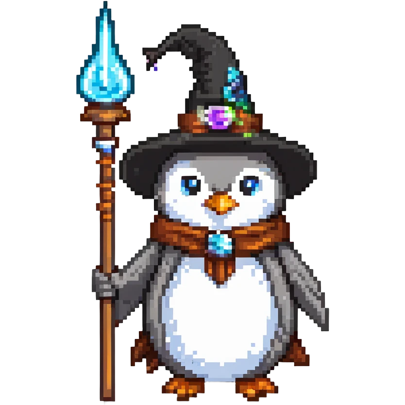 penguin wizard with a pointy hat and magic staff emoji