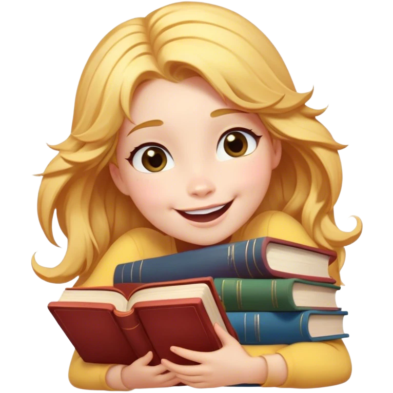Cinematic Adorable Belle Portrait Emoji, Giggling as she hugs a stack of books, eyes twinkling with excitement, golden hair tousled slightly, a perfect mix of beauty and endearing nerdiness! emoji