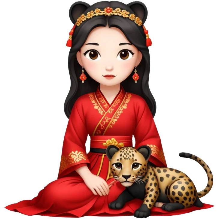 A beautiful girl in red Hanfu wedding dress sits on the ground holding a black leopard emoji