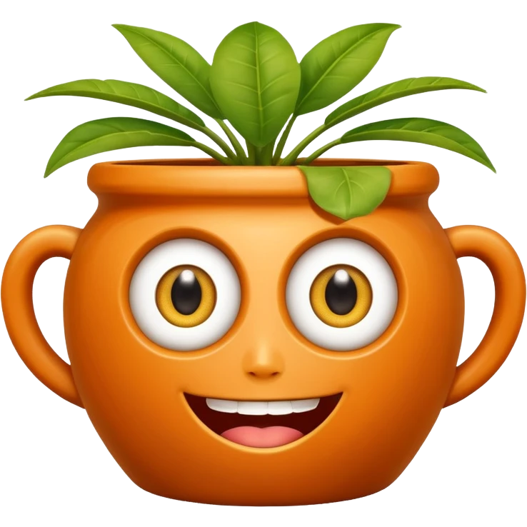 Plant pot with big bulging eyes. smile has a gold tooth.  emoji