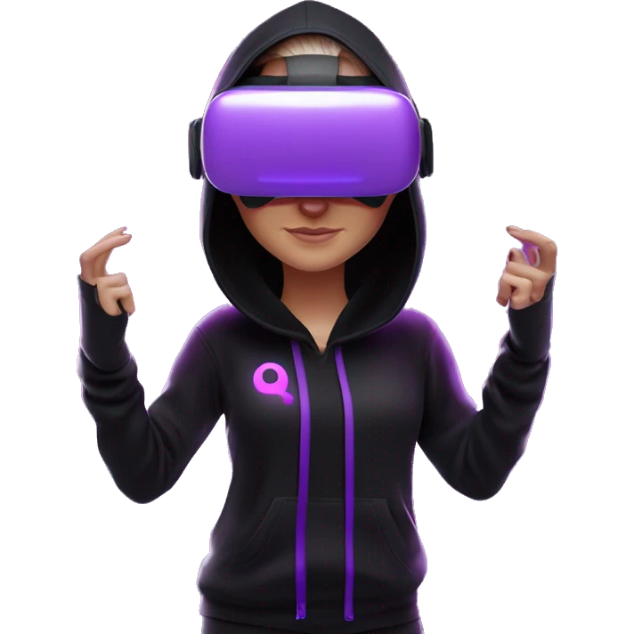 Russian girl wearing black hoody with violet letters "OMG", in vr headset oculus quest2. Standing like jedi. Cyberpunk style. Violet neon. emoji