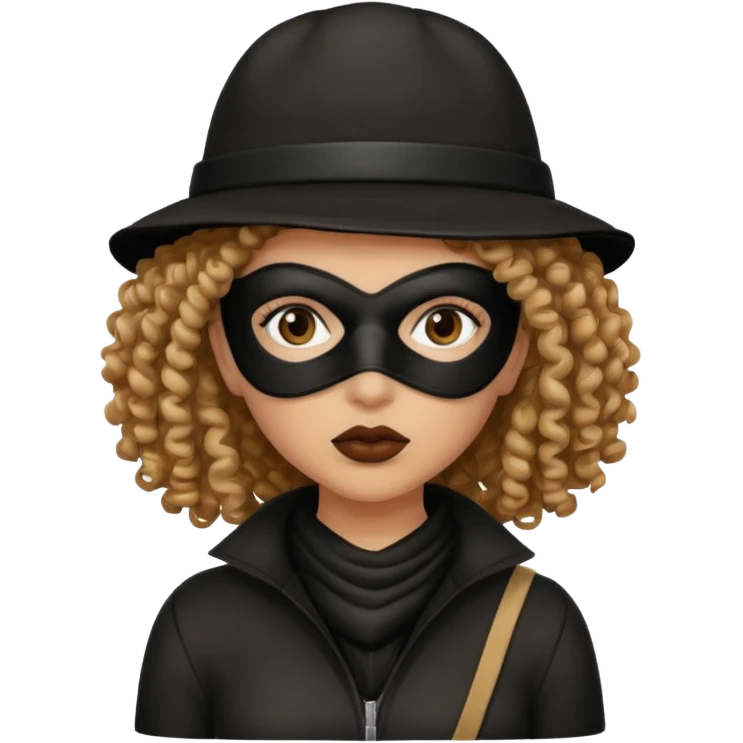 woman with robber mask concerned curly hair and robber outfit hat emoji