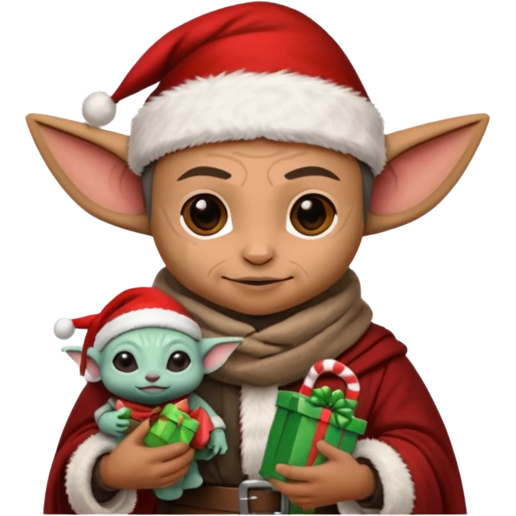 mandalorian holding grogu wearing santa hat emoji