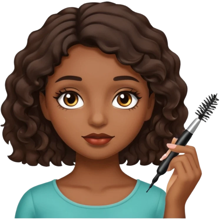 Garota parda de cabelos ondulados castanhos escuros curto aplicando máscara de cílios emoji