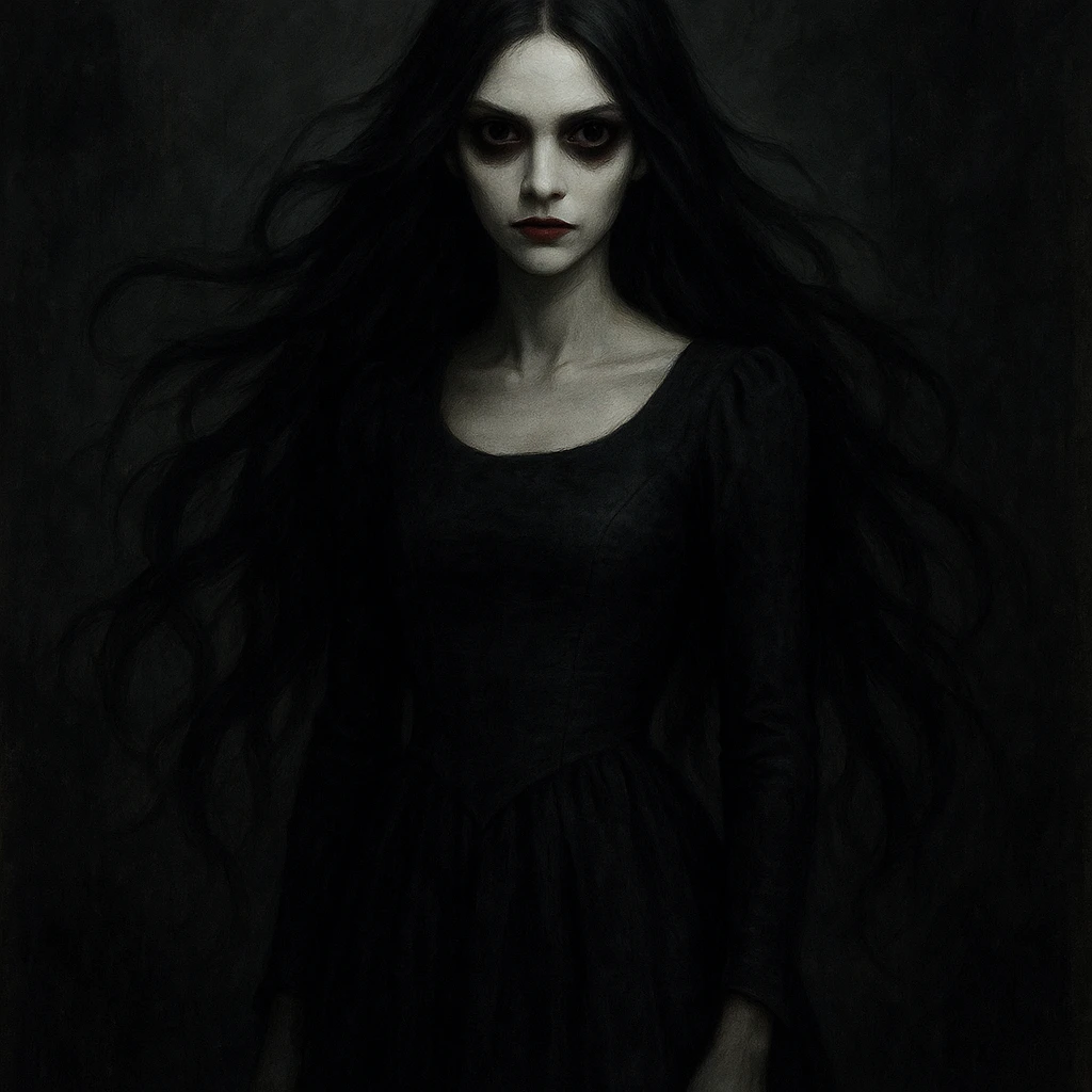 beautiful scary girl, pale flawless skin, long flowing black hair, elegant dress, unsettling aura, horror illustration emoji