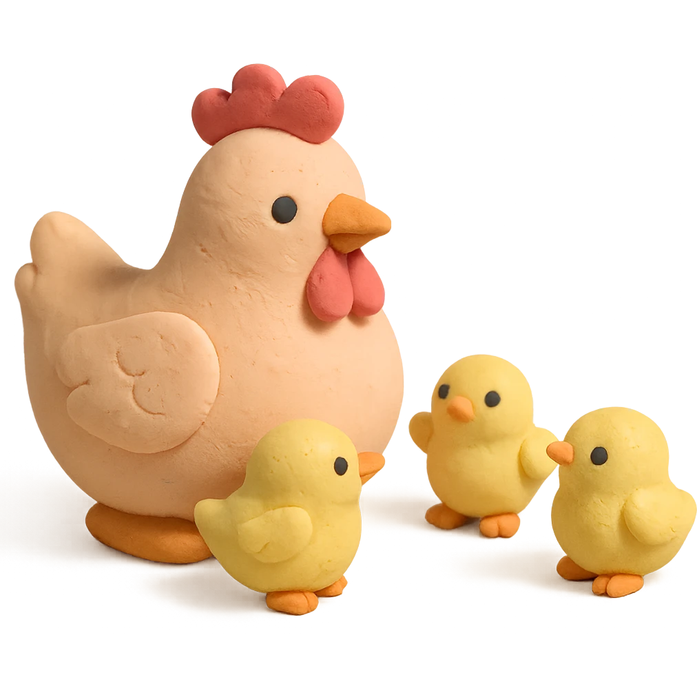 hen with baby chicks, soft pastel colors, visible fingerprints, matte plasticine look emoji