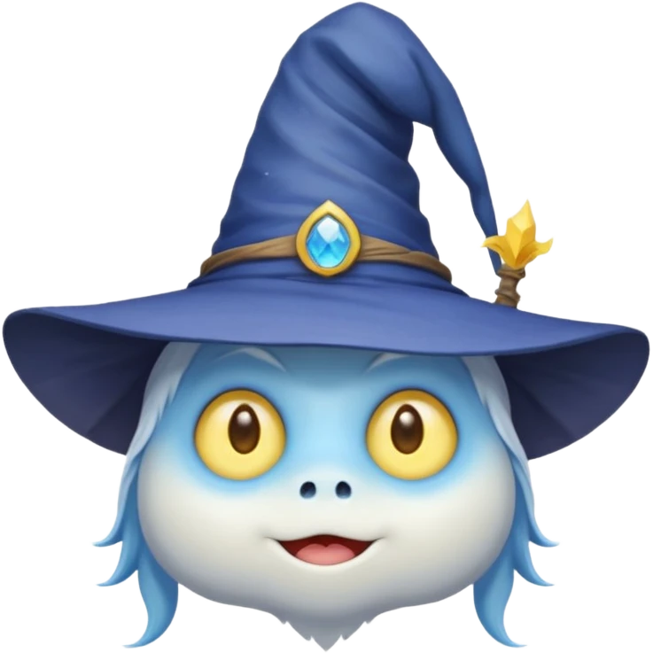 cute monster with white body, yellow tail, wearing blue sky witch hat. the face facing the front towards the 4th wall emoji