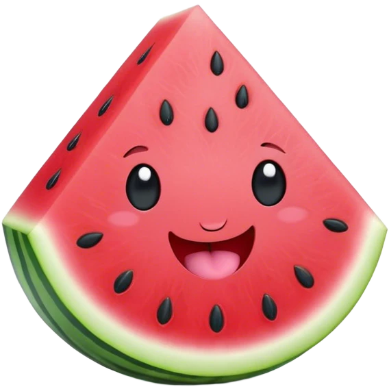 Cute Kawaii Watermelon Slice, juicy and vibrant, soft pastel green rind with pink flesh, tiny black seeds shaped like hearts, an adorable happy face with cute round eyes, bursting with summer energy! emoji