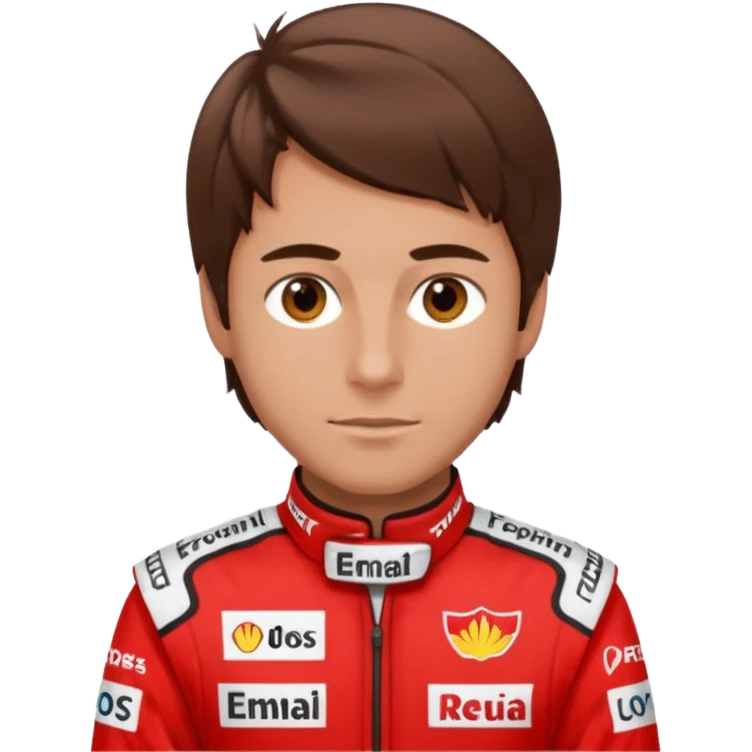 Man, brown eyes, brown silky hair, lightly tanned, wearing a formula one outfit emoji
