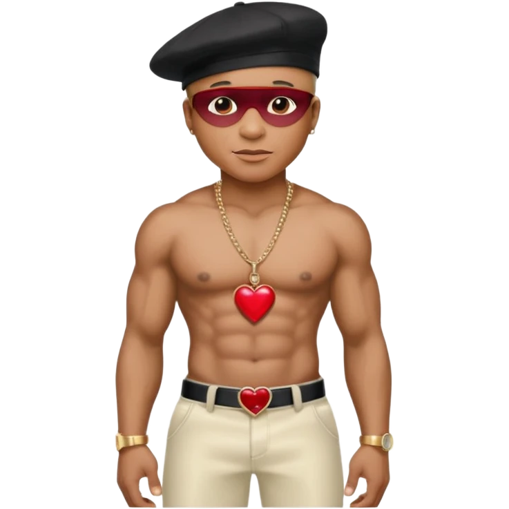 LL Cool J with black hat, metallic ivory pants, shirtless with necklace with red heart emoji