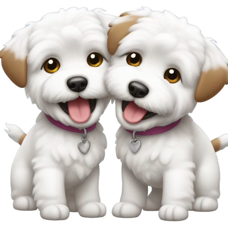 Two dogs, one brown one white, both Bichon Frisé, smiling and dancing  emoji
