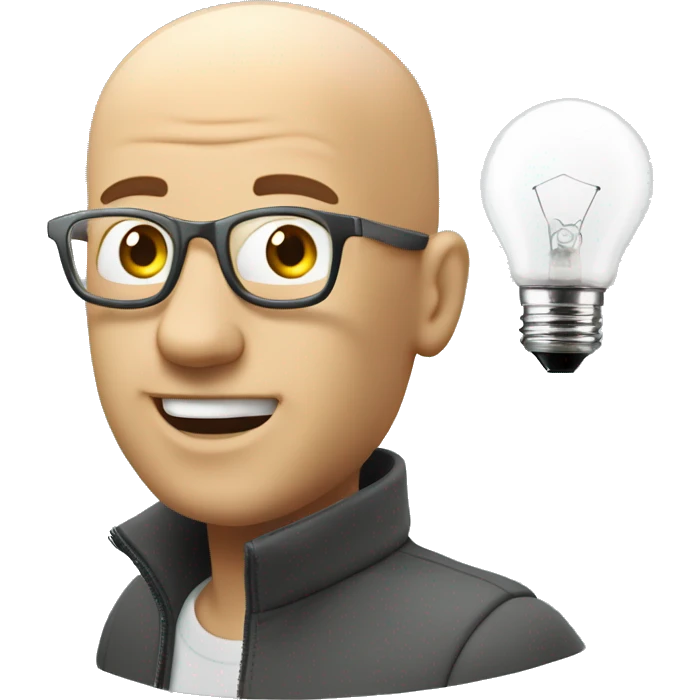 bald guy with light bulb hover over his head using a pc editing on after effect making some 3d edit emoji