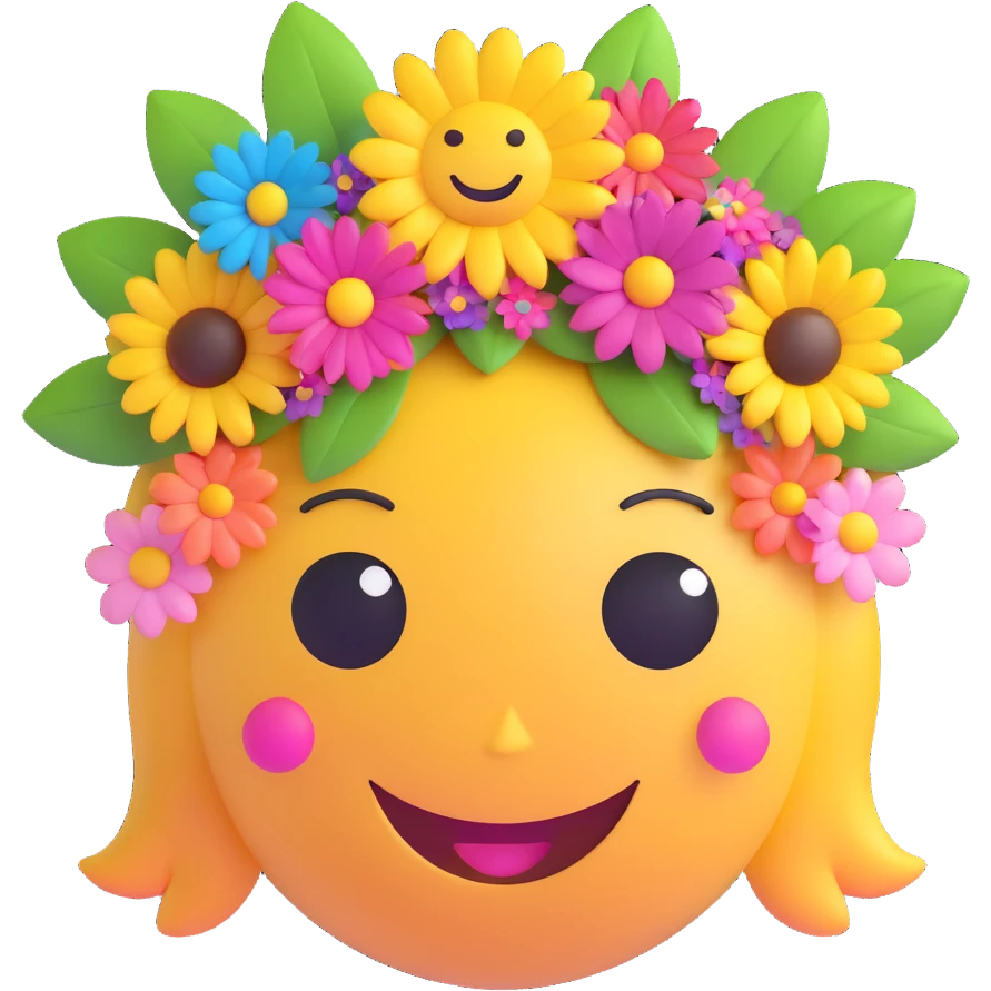 3D smiley emoji, large eyelashes, girly, colorful floral headpiece, happy emoji