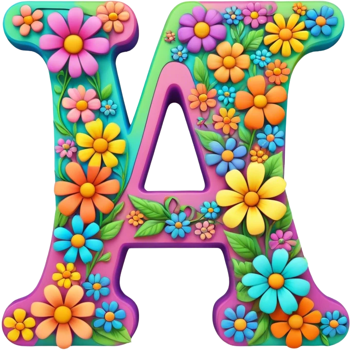 3D style, psychedelic colored Letter A, with hippie style flowers emoji