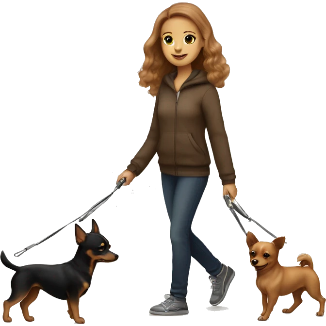 A light brown haired girl, walking one mini black and tan miniature Pinscher and one very big fluffy light brown Spitz on the lead emoji
