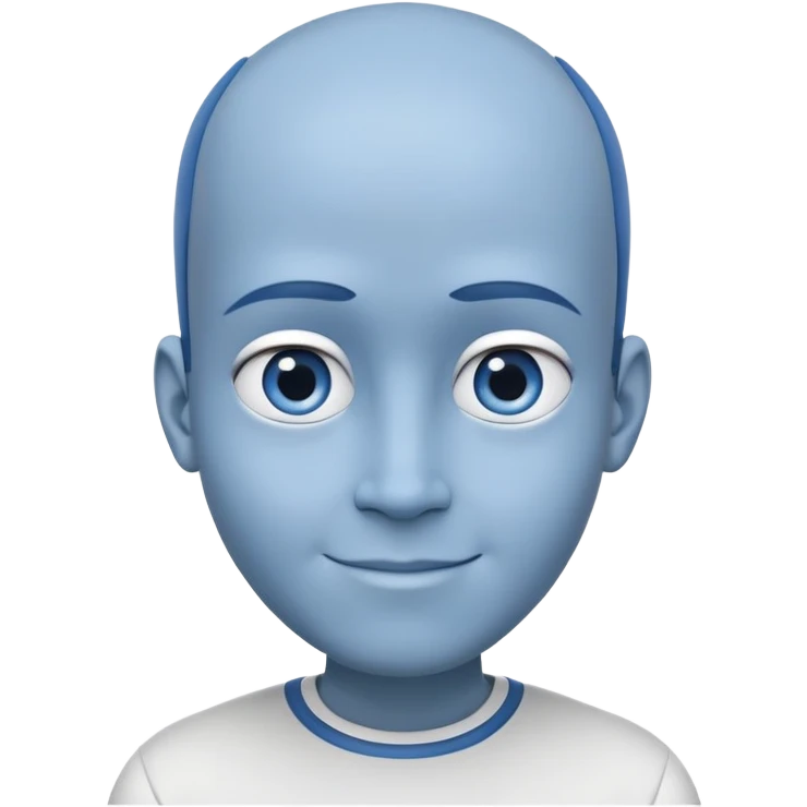 Close-up of a blue-skinned person with an oversized head and large forehead, looking extremely intelligent. He has a friendly and slightly clever smile. Wearing modern, minimalist blue and white clothing. Clean, futuristic style emoji