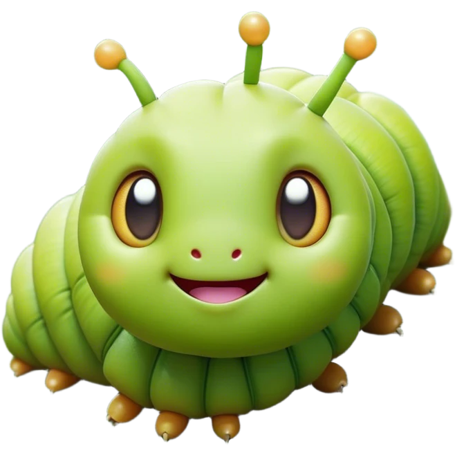 Cinematic Realistic Cute Caterpillar Portrait Emoji, Head tilted playfully and inquisitively, featuring a compact, segmented body in bright, vibrant green with delicate, inviting textures and a charming, rounded face with sparkling eyes full of curiosity, rendered with lifelike detail and natural highlights, high shine, affectionate and spirited, styled with a touch of garden whimsy, soft glowing outline, capturing the essence of a mischievous yet lovable caterpillar that seems poised to crawl cheerfully into your arms! emoji