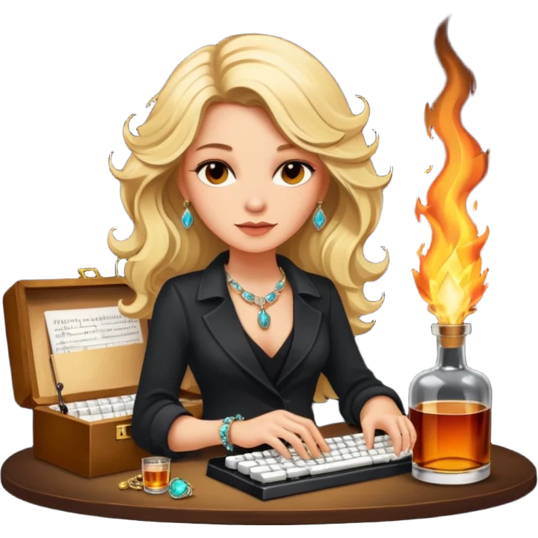 A sketchnote illustration rendered in a strong moody style, featuring a blonde woman with cascading gorgeous hair, a keyboard, a whiskey bottle, a key, a jewelry box, and fire elements against a black background. The lighting is low with low contrast, emphasizing dramatic shadows. emoji