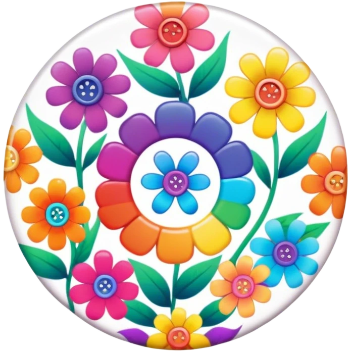 A round psychedelic colored button with rainbow colored hippie style flowers around the edges emoji