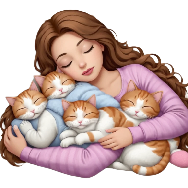 girl with long wavy brown hair, brown eyes, long lashes makeup, sexy pink lips, light to medium complexion,  sleeping on a cozy pillow, with 6 cats: 1 brown and white tabby cat, 1 ginger and white, 2 grey and white, 1 grey with white mittens and small white patch on chest and 1 calico, sleeping emoji