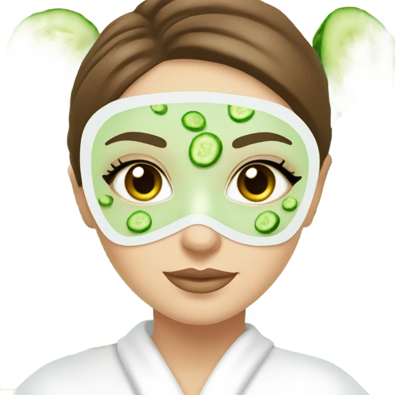 White girl with Brown hair and blue eyes wears a Green colored skincare clay textured mask and puts on cucumbers around her eyes while She relaxes in her white Robe emoji