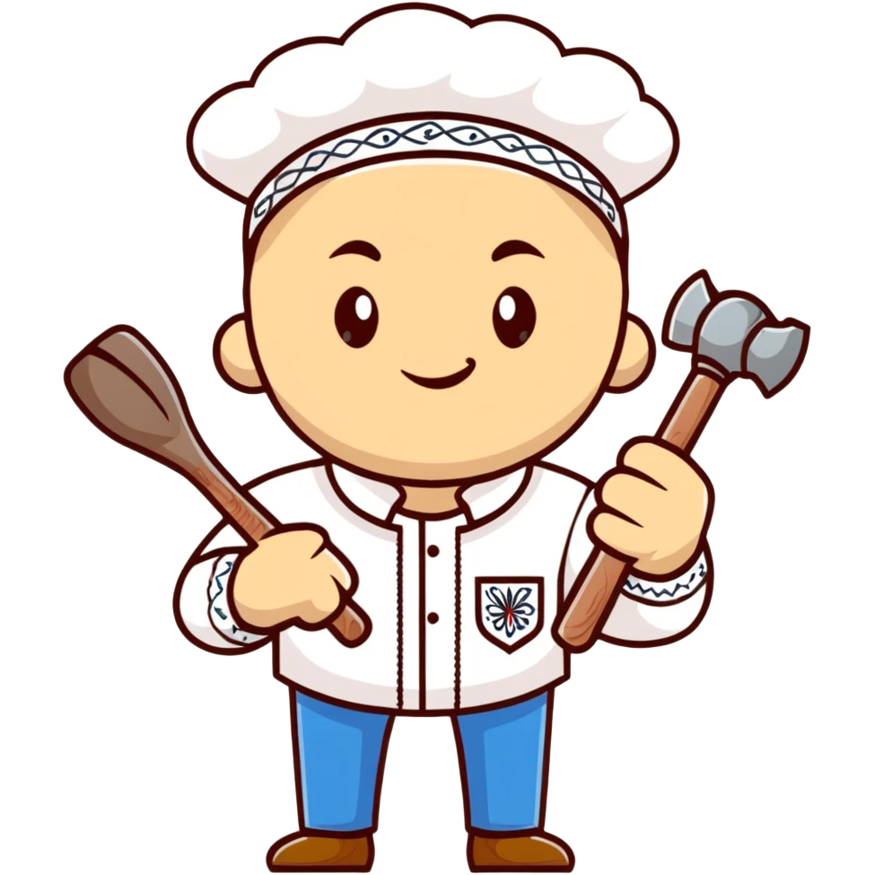 Ukrainian man wearing traditional white embroidered shirt (vyshyvanka) holding a hammer in one hand and a kitchen ladle in the other hand emoji