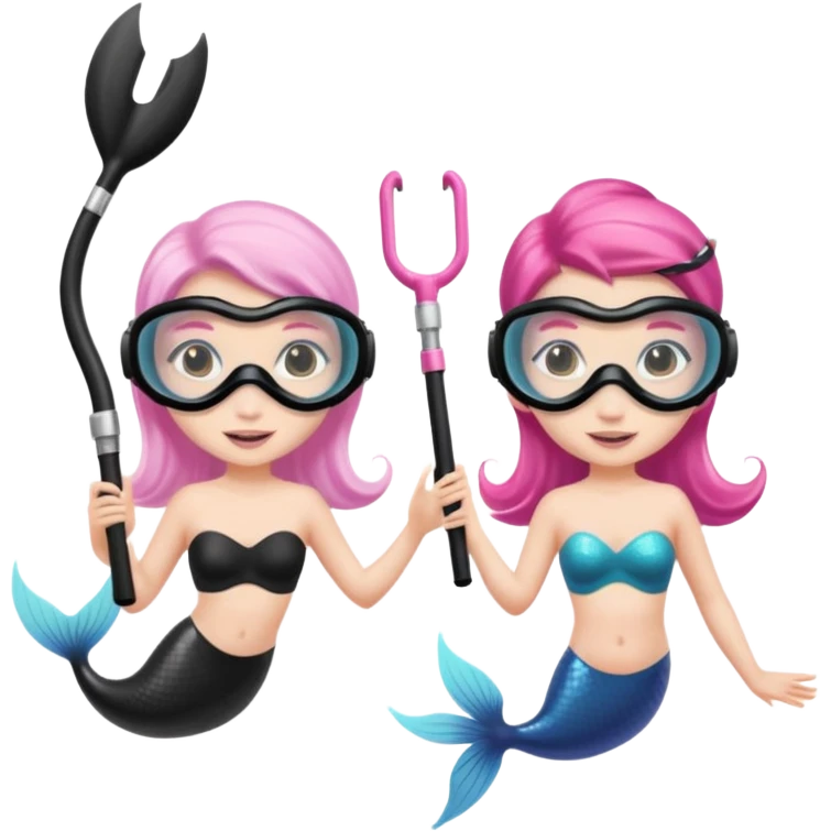 2 Mermaids one wearing a light pink snorkel mask and the other wearing black snorkel mask emoji