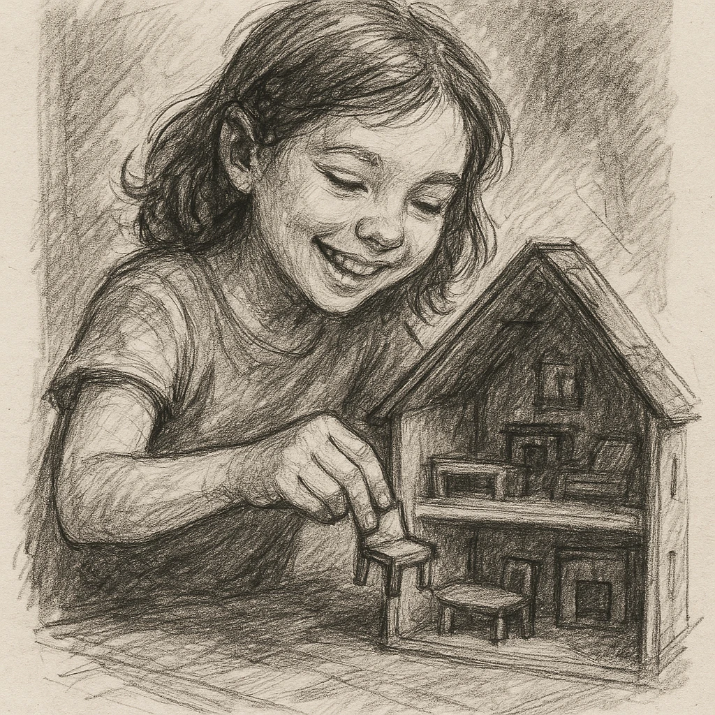 smiling girl arranging furniture in doll house emoji