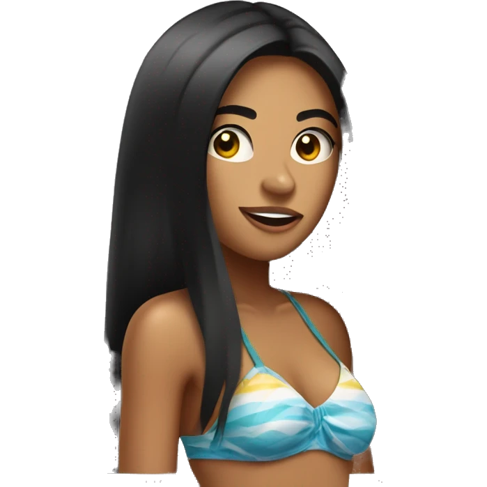 Young brazilian tan woman with black straight long hair wearing a bikini top sticking her tongue out  emoji