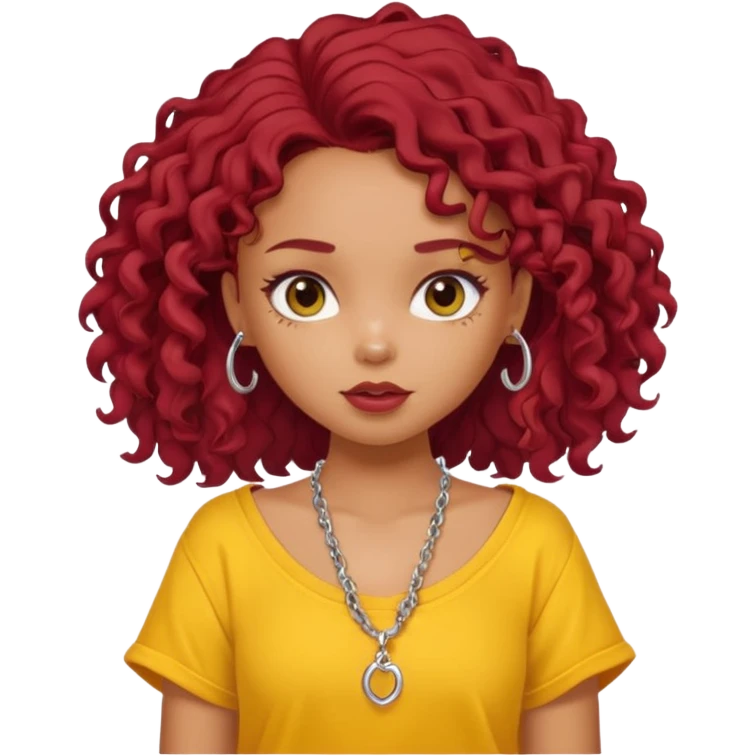 generate a pretty bratz girl with an oversized yellow tshirt falling off her shoulders, wearing a silver dainty necklace, curly dark red hair emoji