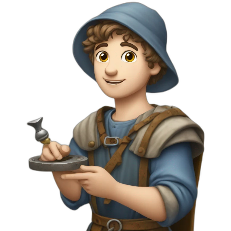 young coin engraver apprentice yielding tool, medieval age emoji