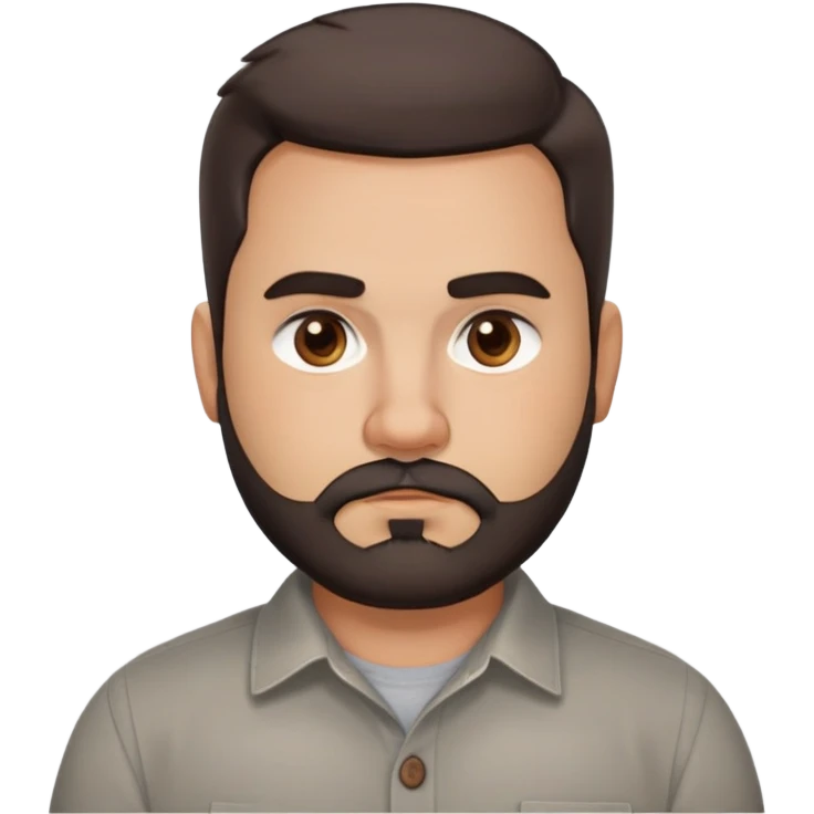 Stocky approachable man with light brown complexion, round friendly face, full cheeks, kind dark eyes, thick eyebrows, wide nose, medium lips with warm expression, short well-maintained full beard, short dark hair with simple cut, wearing a gray casual button-up shirt emoji