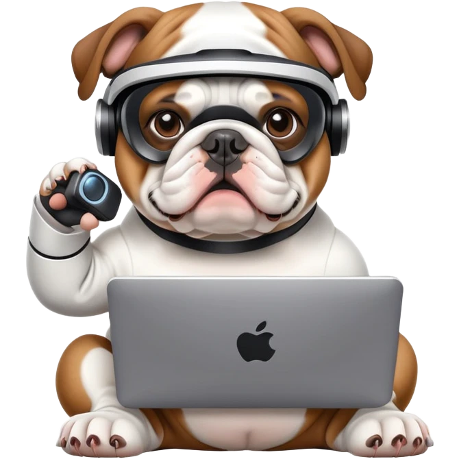 English bulldog, wearing a computer suit emoji