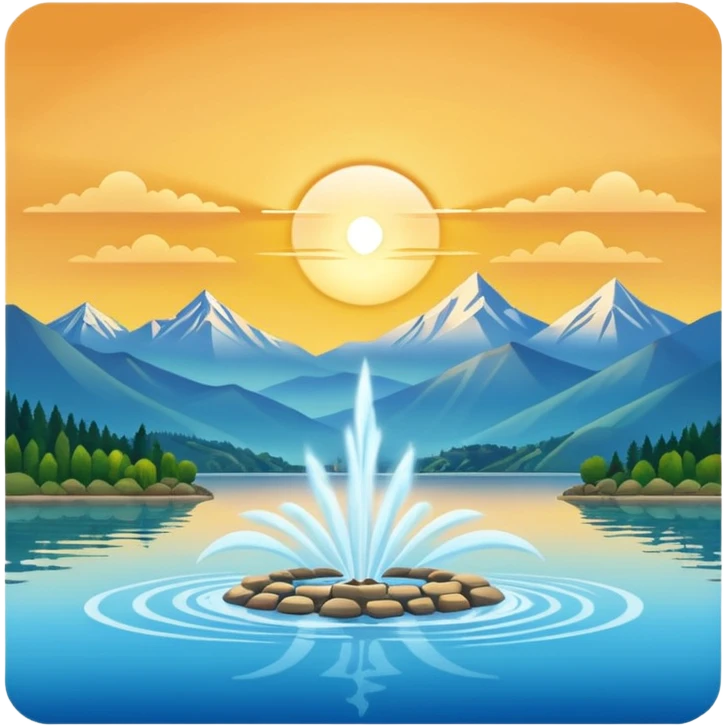 Please generate an image of a sunrise illuminating a lake with a huge water jet like that in the Geneva lake and some mountains in the background. emoji