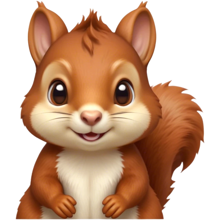 Cinematic Cute Squirrel Portrait Emoji, Head tilted playfully and inquisitively, featuring a fluffy, vibrant auburn Fur with a delicate cream belly and a bushy tail, round, sparkling eyes filled with curious mischief, Simplified yet irresistibly adorable features, highly detailed, glowing with a warm, friendly glow, high shine, affectionate and lively, stylized with a touch of woodland whimsy, bright and endearing, soft glowing outline, capturing the essence of a mischievous yet loving squirrel, so playful it feels like it could leap out of the screen and into your arms! emoji