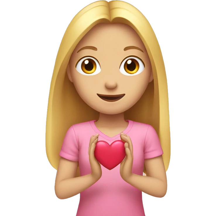 Girl with long blond hair and pink shirt making a heart with her hands emoji