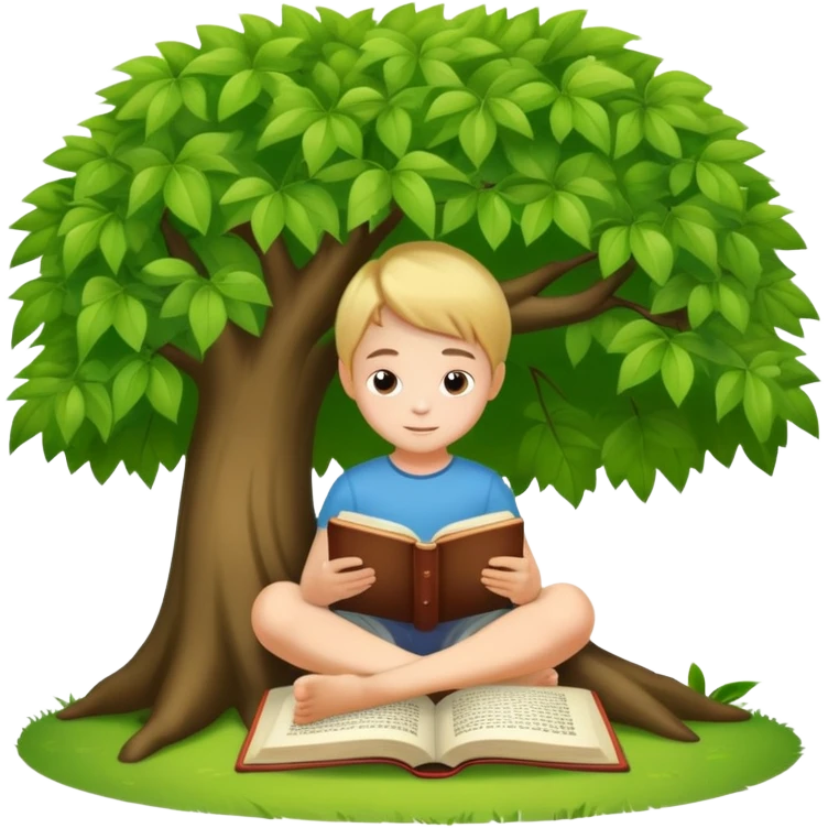 child reading a book under a leafy tree emoji