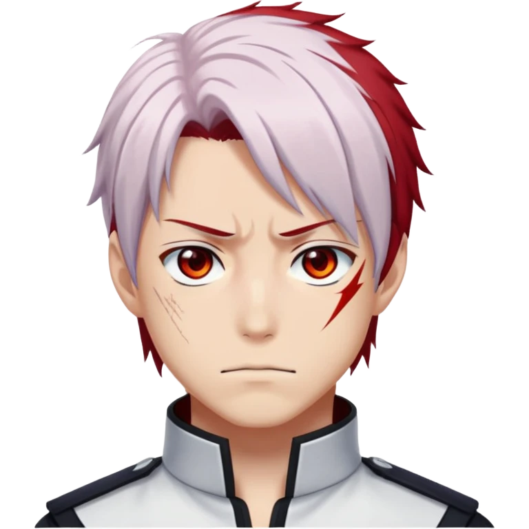 Shoto Todoroki face only, left side white hair, right side red hair, heterochromatic eyes, burn scar on left side of face, serious expression emoji