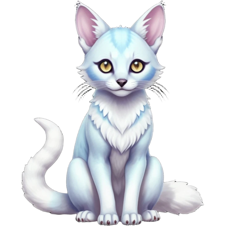 Colorful tropical pearly-albino-white iridescent glorious divine exotic cute cool beautiful shiny beautiful fantasy-caracal-civet-genet-sergal-vernid-Cacomistle-oncilla-animal-Fakémon-hybrid-fursona with tufted ears (full body) emoji