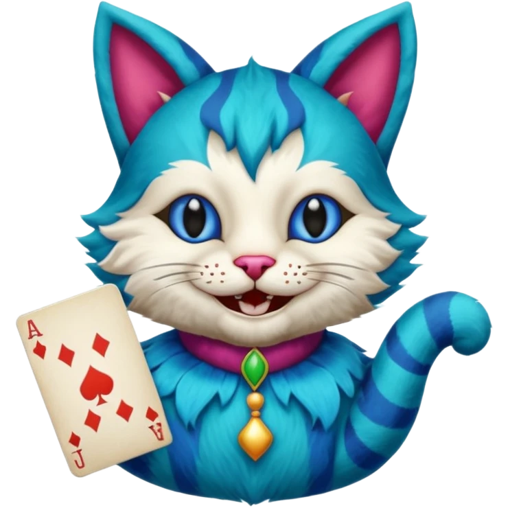 crazy colorful cute little cat jolly joker from poker, medieval, vintage, court jester, mac os squared icon, blue color emoji