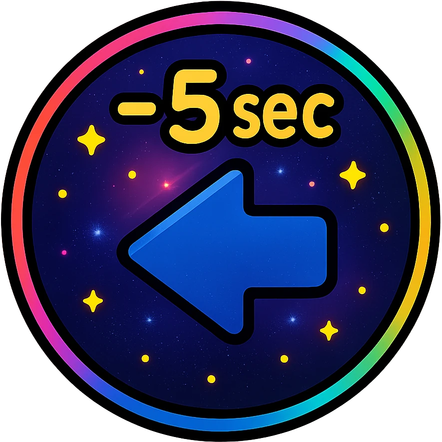 -5 sec icon with dark purples, blues, black base, neon glowing border, nebula gradients, small bright stars, subtle glow, specular highlights, luminous effect, accent colors cyan, pink, yellow, green, orange, consistent with media controls set emoji