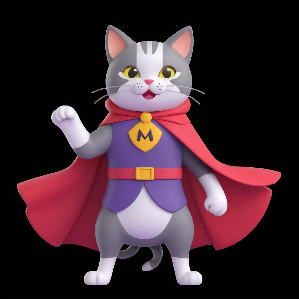 spartan cat in a dramatic pose with cape flowing but with a goofy face emoji