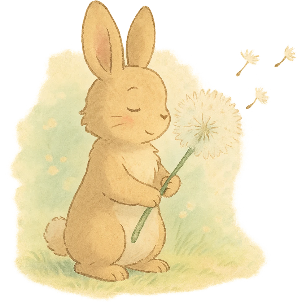 bunny holding a dandelion in the breeze, gentle spring vibe, soft pastel colors emoji