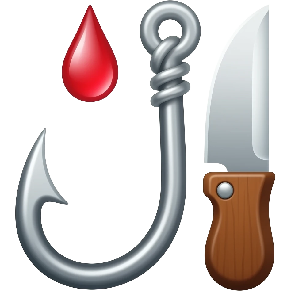 Flat emoji of a simple silver fishing hook next to a small curved knife, one red droplet near the hook, thick dark outlines, minimal gradient, transparent background, square, no text. emoji