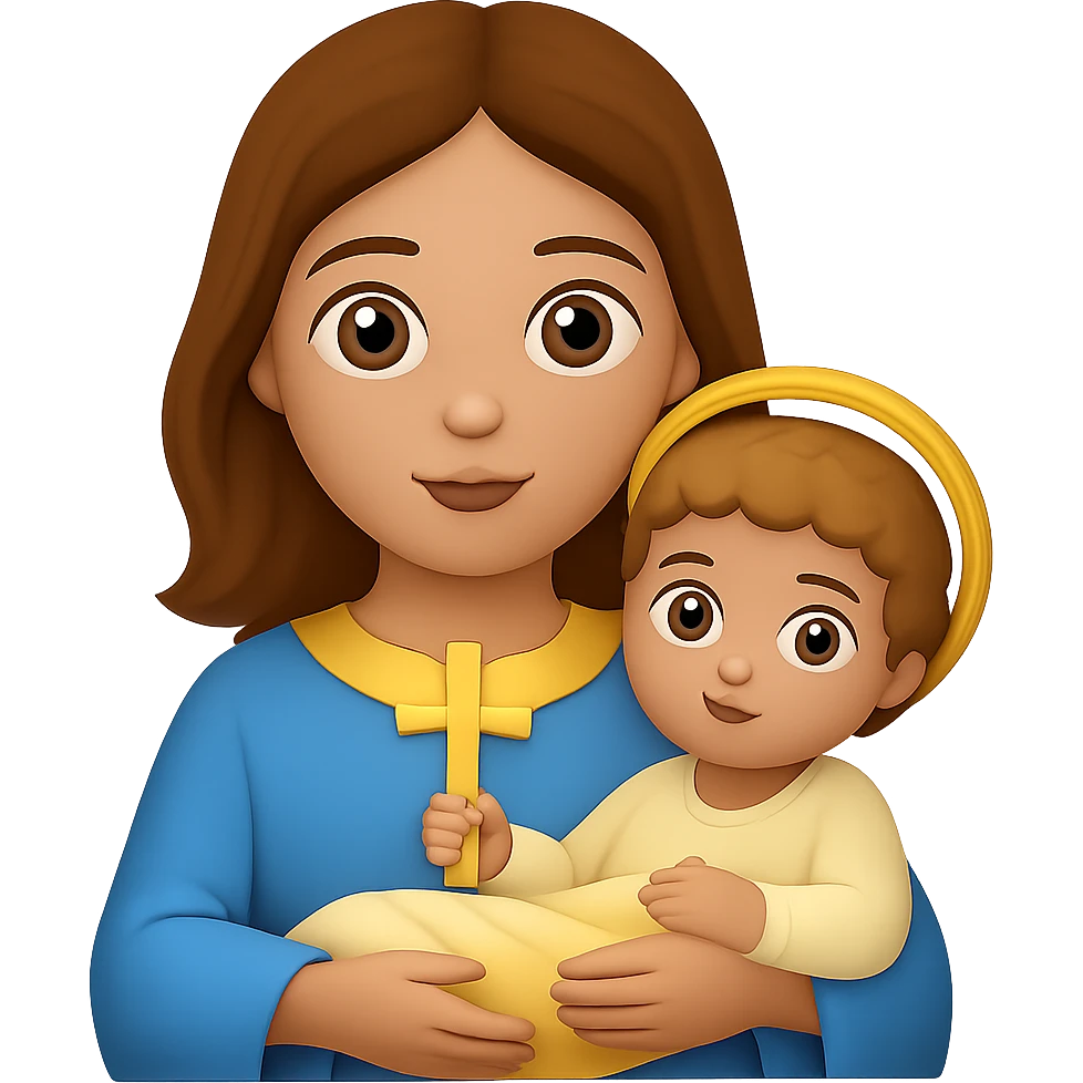 Remove hood from Mary, give her brown hair, keep light skin and baby Jesus, in emoji style. Remove background. emoji