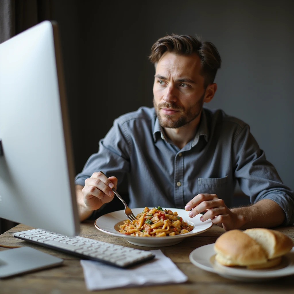 Uomo che mangia davanti al computer, piatto di pasta abbondante e pane bianco, ambiente lavorativo, testo in italiano: 'Pausa pranzo sempre di corsa'. emoji