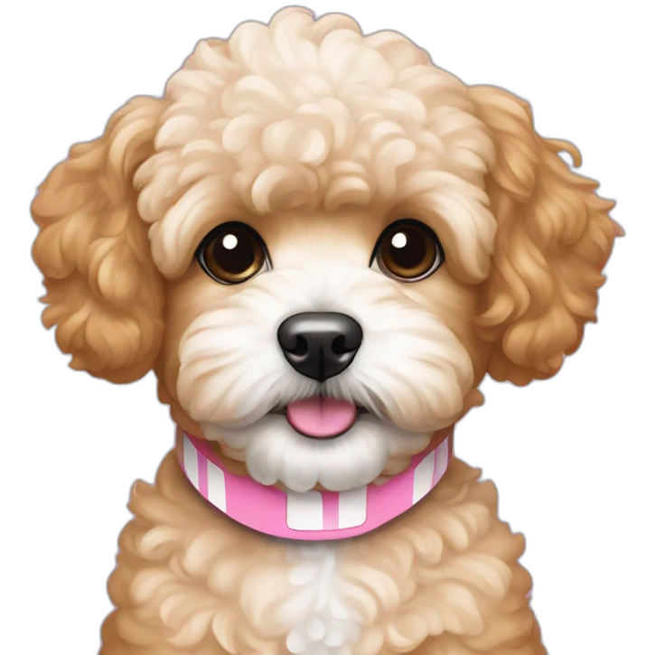 Caramel Maltipoo with white stripe on the muzzle and pink collar emoji