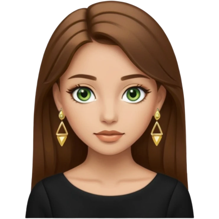 Μια κοπέλα καστανή με μαύρα ωραία ρουχα και σκουλαρίκια και κοσμήματα και βαμμένη ελαφρό και πράσινα μάτια τα κοσμήματα λίγα και χρυσα τα κοσμήματα να είναι λίγα και λεπτα και βαμμενοι emoji