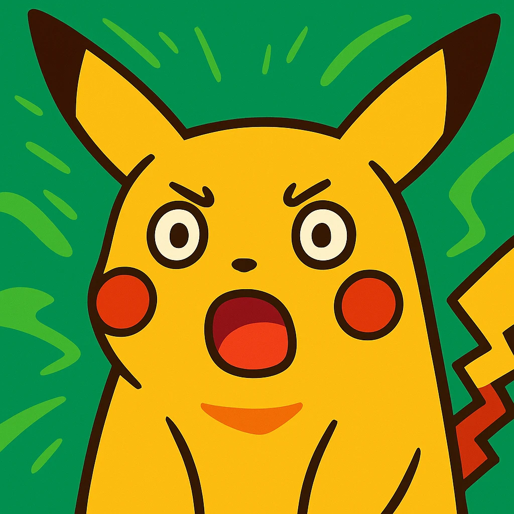 shocked Pikachu, vibrant colors, anime style, exaggerated surprise, green background emoji